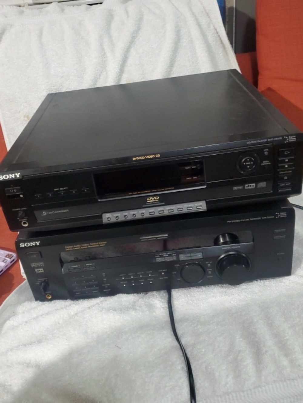 Sony Black Portable DVD Player and AV Receiver Stack